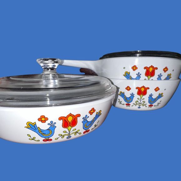 1975 7 PC Vintage Corning Ware Country Festival 1 Casserole Dish & 3 Sauce Pans - Picture 2 of 10